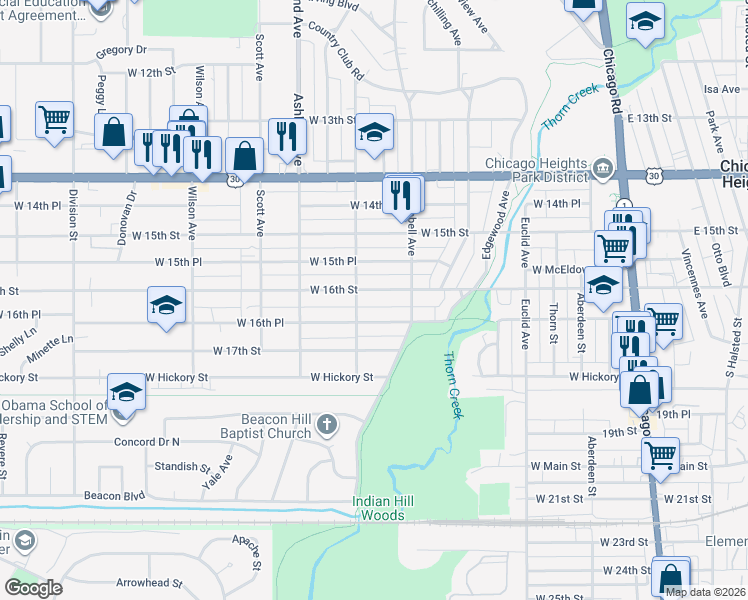 map of restaurants, bars, coffee shops, grocery stores, and more near 230 West 16th Street in Chicago Heights