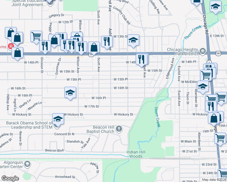 map of restaurants, bars, coffee shops, grocery stores, and more near 312 West 16th Street in Chicago Heights
