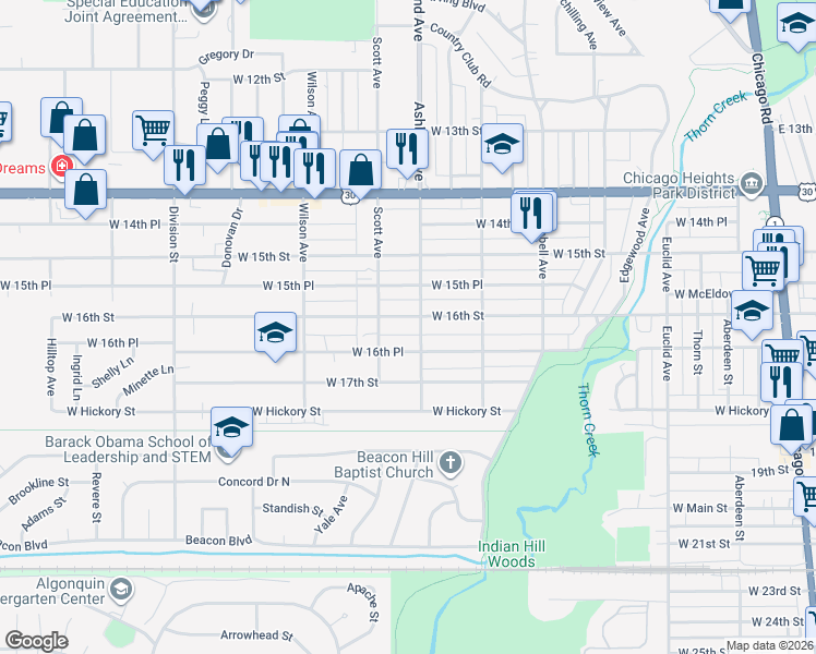 map of restaurants, bars, coffee shops, grocery stores, and more near in Chicago Heights