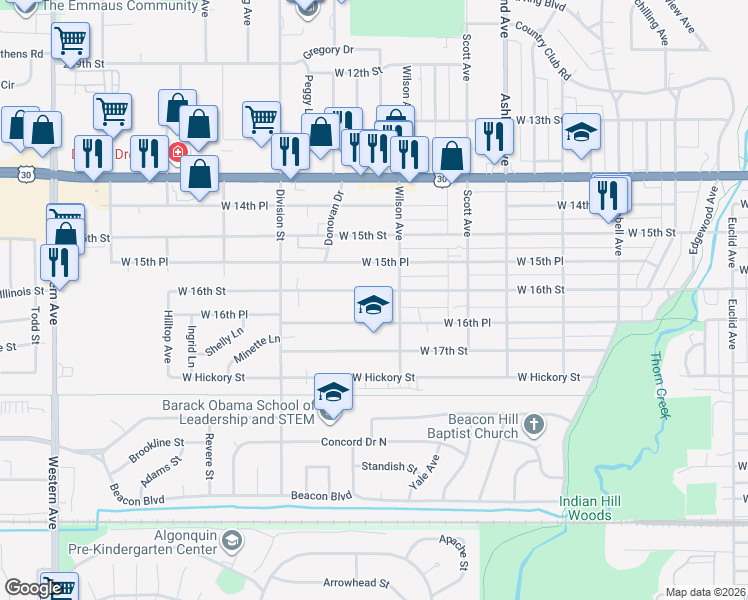 map of restaurants, bars, coffee shops, grocery stores, and more near 406 West 16th Street in Chicago Heights