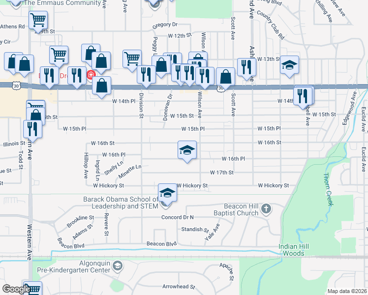 map of restaurants, bars, coffee shops, grocery stores, and more near 440 West 16th Street in Chicago Heights