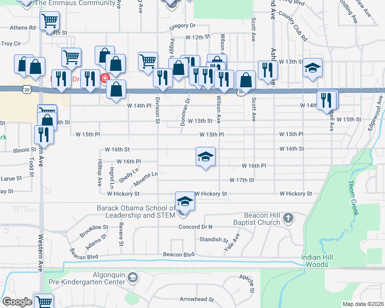 map of restaurants, bars, coffee shops, grocery stores, and more near 440 West 16th Street in Chicago Heights