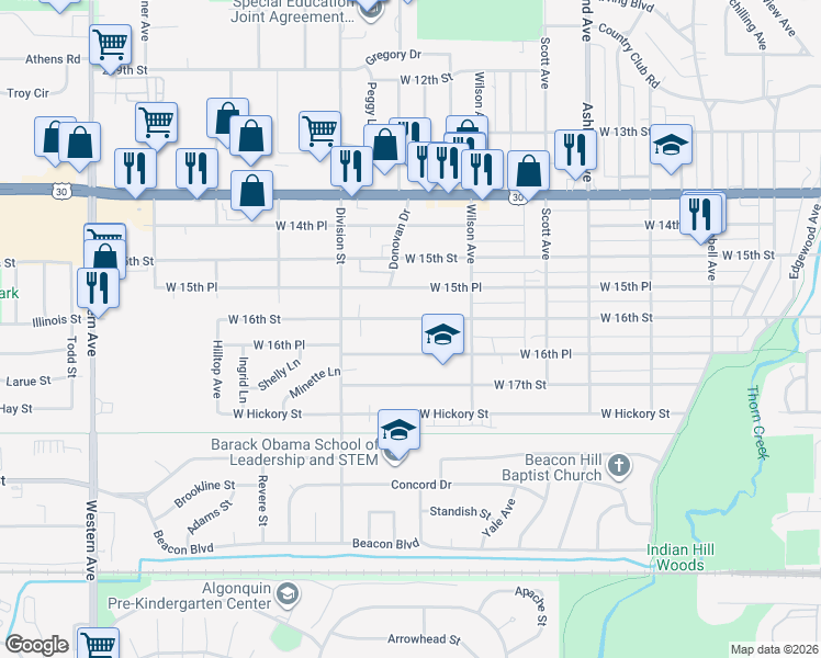 map of restaurants, bars, coffee shops, grocery stores, and more near 440 West 16th Street in Chicago Heights