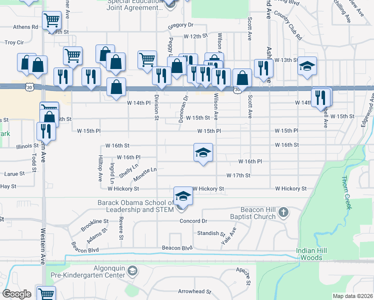 map of restaurants, bars, coffee shops, grocery stores, and more near 440 West 16th Street in Chicago Heights