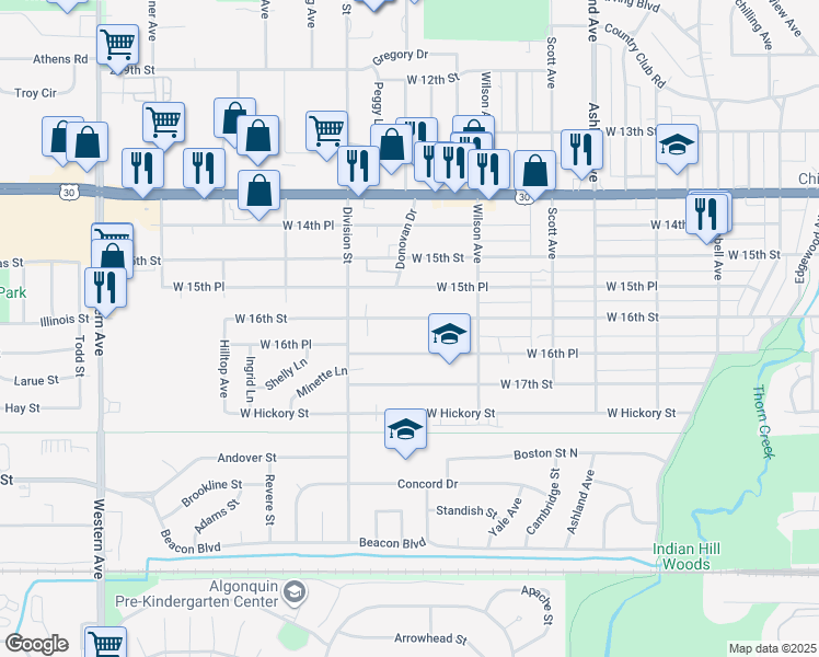 map of restaurants, bars, coffee shops, grocery stores, and more near 440 West 16th Street in Chicago Heights