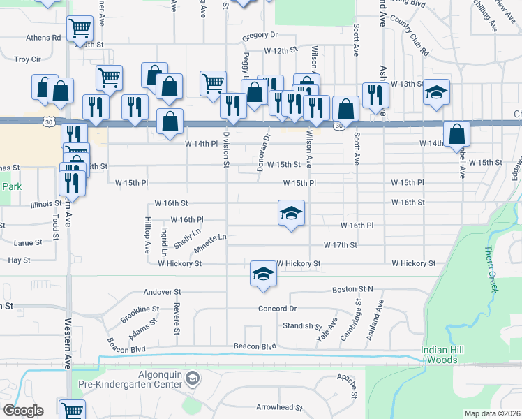 map of restaurants, bars, coffee shops, grocery stores, and more near 470 West 16th Street in Chicago Heights