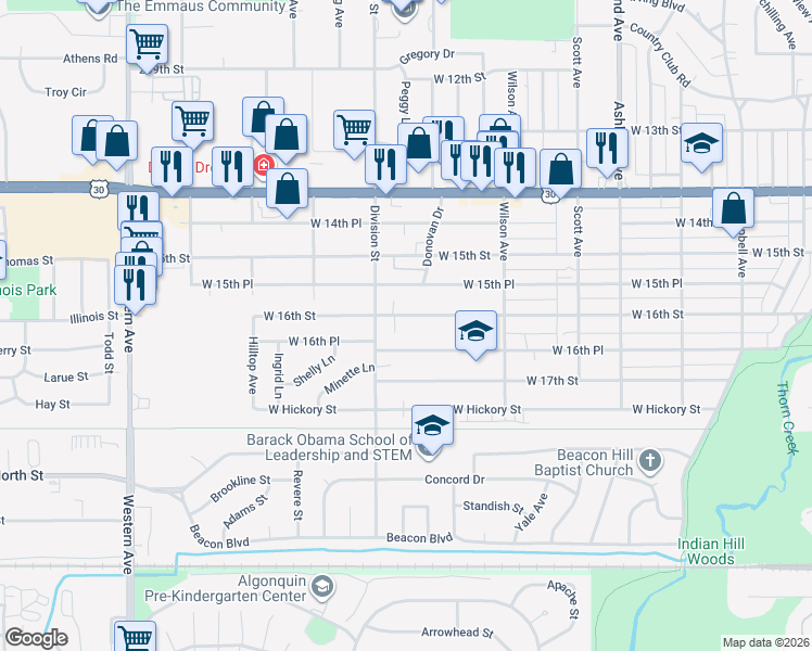 map of restaurants, bars, coffee shops, grocery stores, and more near 470 West 16th Street in Chicago Heights