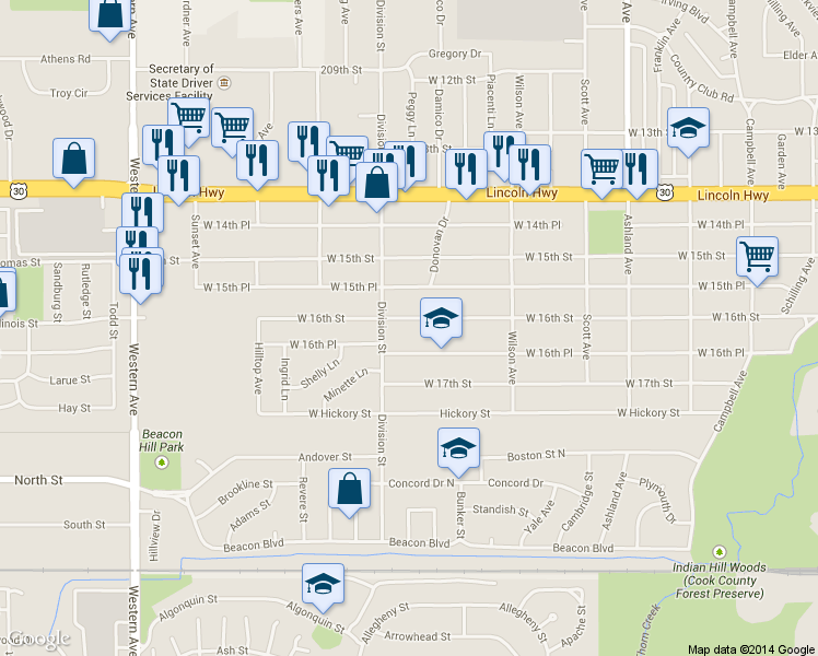 map of restaurants, bars, coffee shops, grocery stores, and more near 470 West 16th Street in Chicago Heights