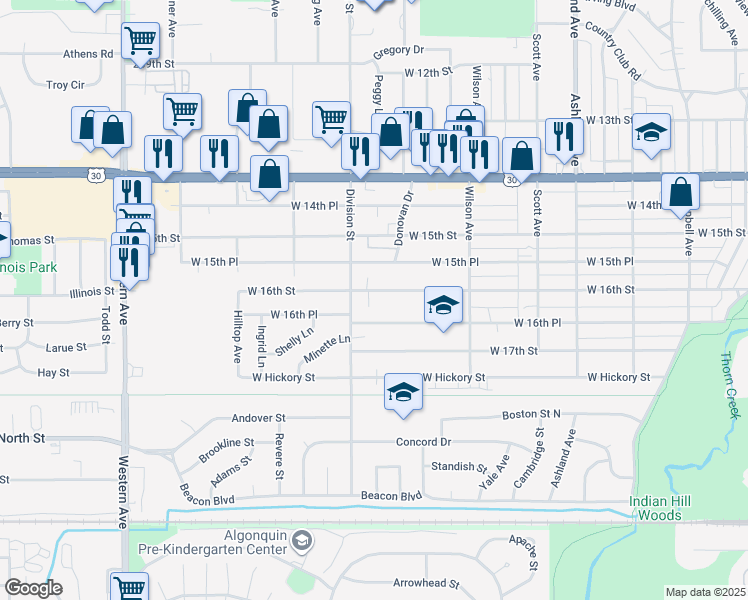 map of restaurants, bars, coffee shops, grocery stores, and more near 470 West 16th Street in Chicago Heights