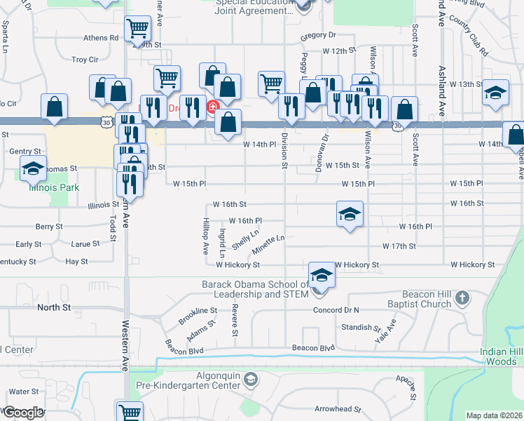 map of restaurants, bars, coffee shops, grocery stores, and more near 547 West 16th Place in Chicago Heights