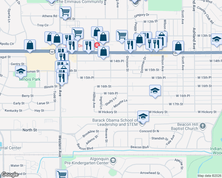 map of restaurants, bars, coffee shops, grocery stores, and more near 584 West 16th Street in Chicago Heights