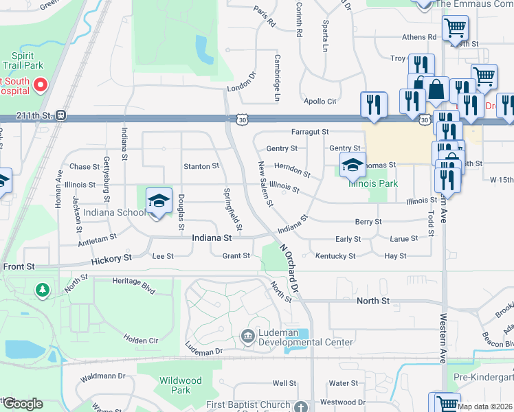 map of restaurants, bars, coffee shops, grocery stores, and more near 314 New Salem Street in Park Forest