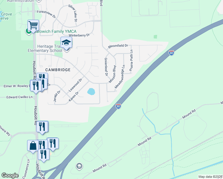 map of restaurants, bars, coffee shops, grocery stores, and more near 3109 Meadowsedge Lane in Joliet