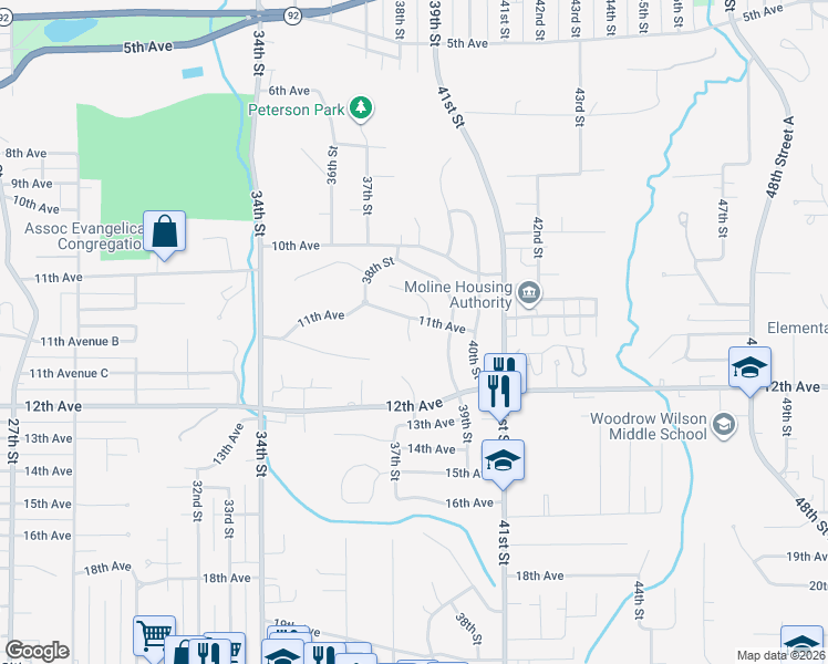 map of restaurants, bars, coffee shops, grocery stores, and more near 3822 11th Avenue in Moline
