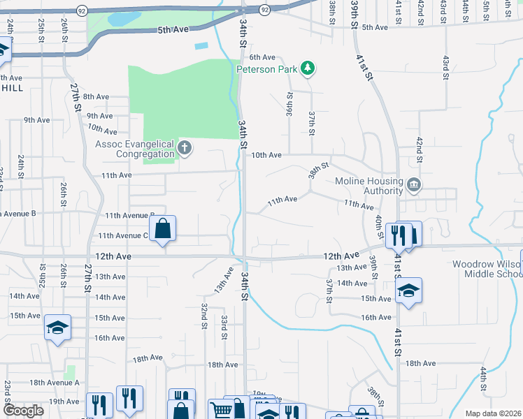 map of restaurants, bars, coffee shops, grocery stores, and more near 3404 11th Avenue Place in Moline