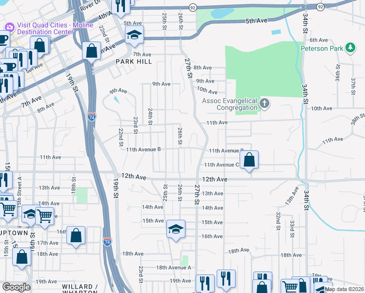 map of restaurants, bars, coffee shops, grocery stores, and more near 1100 26th Street A in Moline