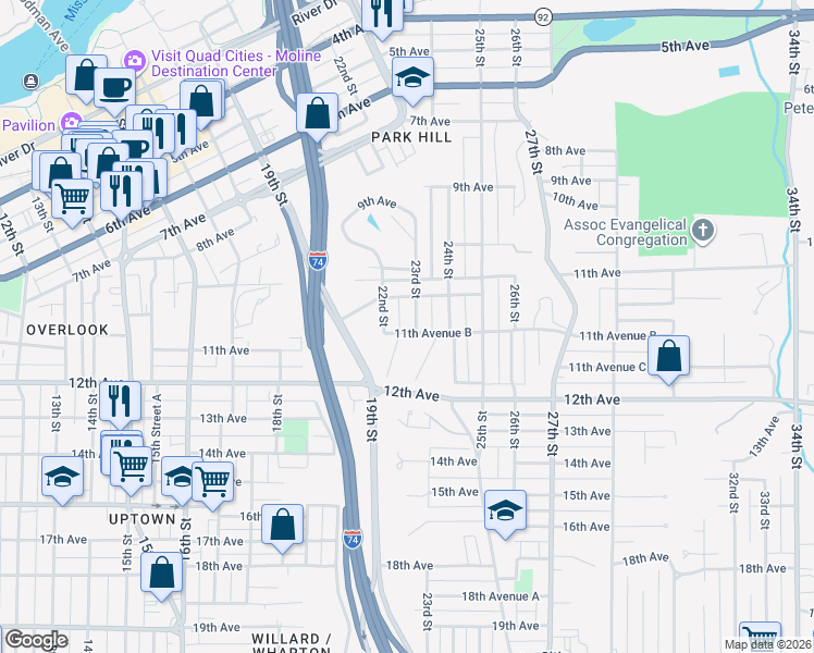 map of restaurants, bars, coffee shops, grocery stores, and more near 1140 23rd Street in Moline