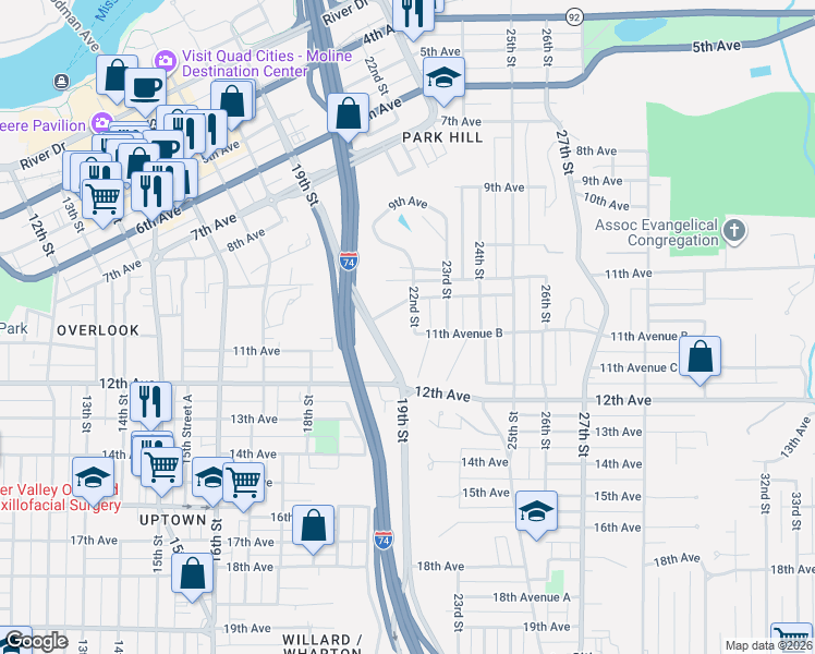 map of restaurants, bars, coffee shops, grocery stores, and more near 1146 22nd Street in Moline
