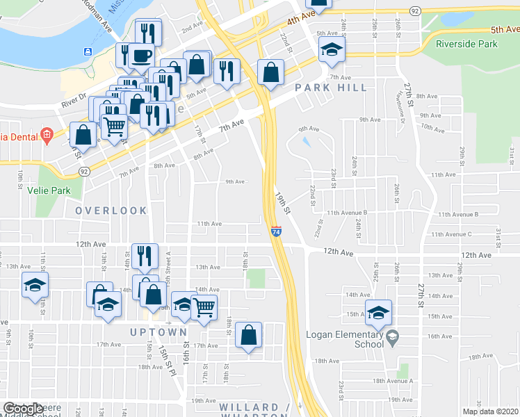 map of restaurants, bars, coffee shops, grocery stores, and more near 1006 18th Street A in Moline