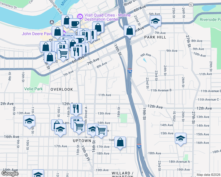 map of restaurants, bars, coffee shops, grocery stores, and more near 952 17th Street in Moline