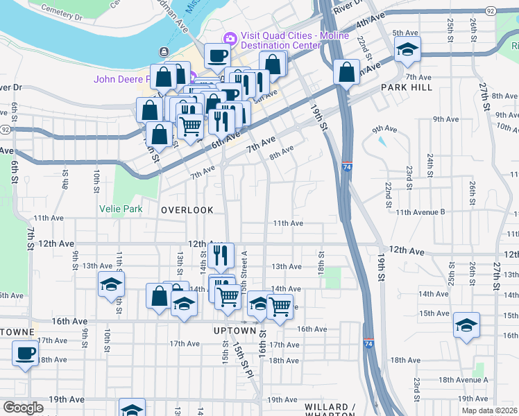 map of restaurants, bars, coffee shops, grocery stores, and more near 1619 11th Avenue in Moline