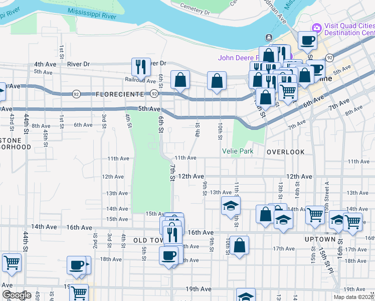 map of restaurants, bars, coffee shops, grocery stores, and more near 950 8th Street Drive in Moline