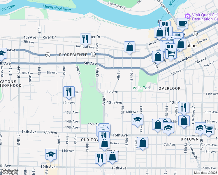 map of restaurants, bars, coffee shops, grocery stores, and more near 950 8th Street Drive in Moline