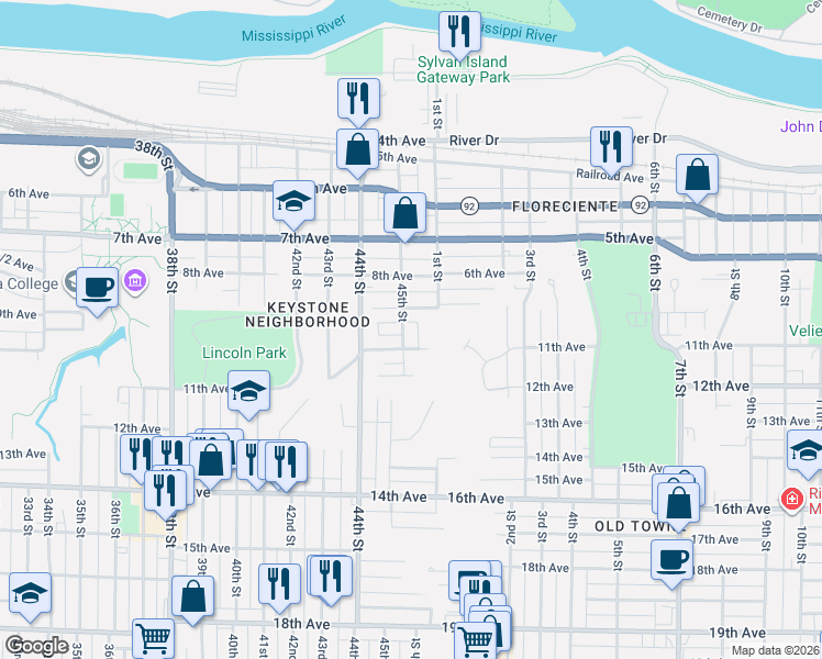 map of restaurants, bars, coffee shops, grocery stores, and more near 921 45th Street in Rock Island