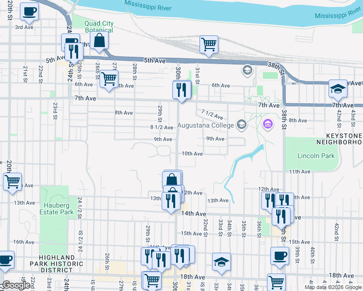 map of restaurants, bars, coffee shops, grocery stores, and more near 915 30th Street in Rock Island