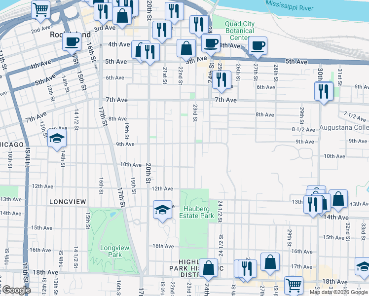 map of restaurants, bars, coffee shops, grocery stores, and more near 914 23rd Street in Rock Island