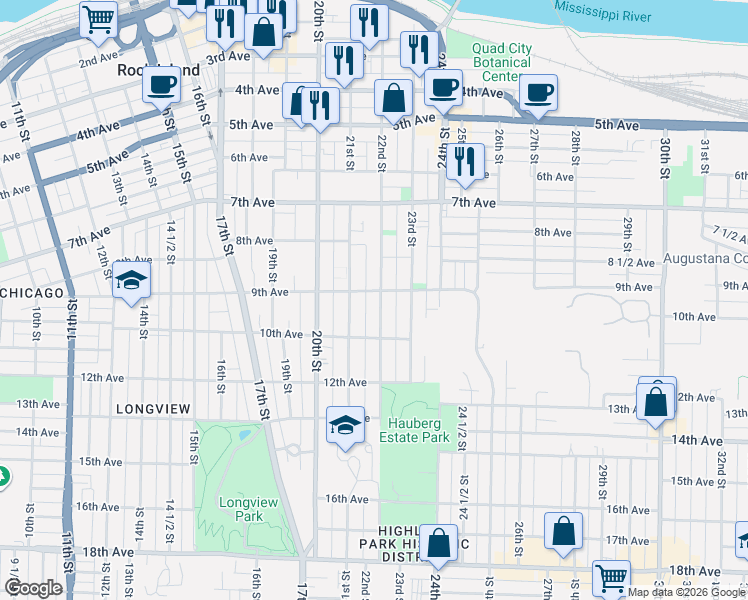 map of restaurants, bars, coffee shops, grocery stores, and more near 905 21st Street in Rock Island