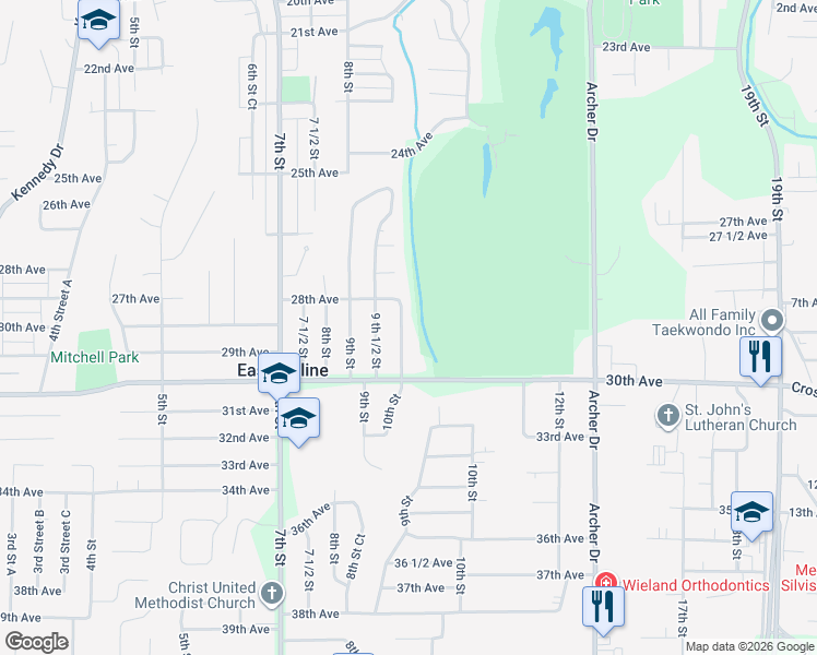 map of restaurants, bars, coffee shops, grocery stores, and more near 2820 10th Street in East Moline