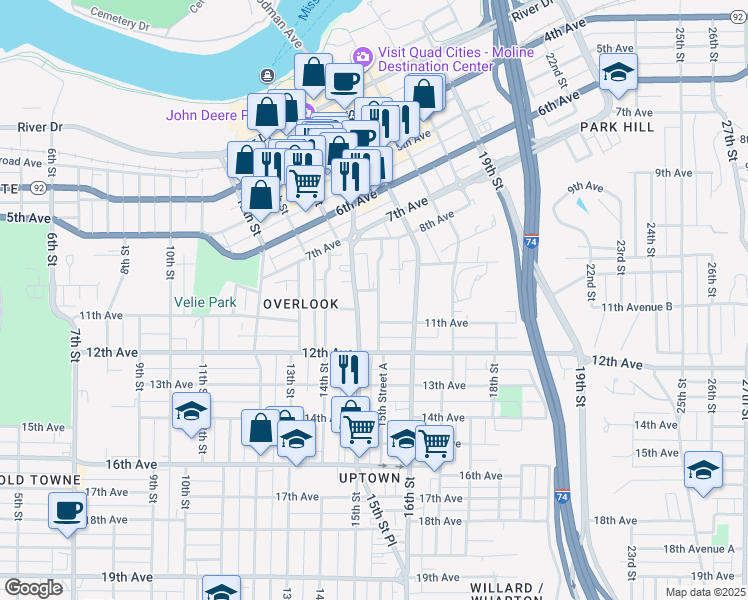 map of restaurants, bars, coffee shops, grocery stores, and more near 1520 10th Avenue in Moline