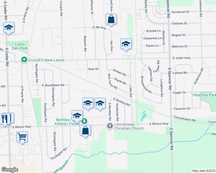 map of restaurants, bars, coffee shops, grocery stores, and more near 727 Bon Terre Road in New Lenox