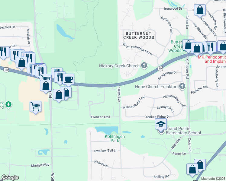 map of restaurants, bars, coffee shops, grocery stores, and more near 10841 W Lincoln Hwy in Frankfort