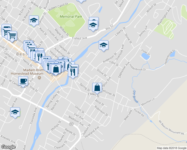 map of restaurants, bars, coffee shops, grocery stores, and more near 16 Mase Street in Beacon