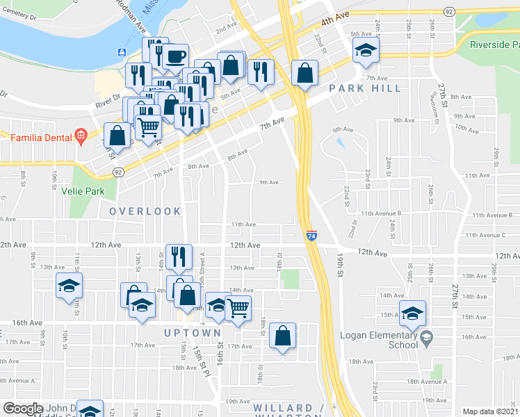map of restaurants, bars, coffee shops, grocery stores, and more near 920 17th Street in Moline