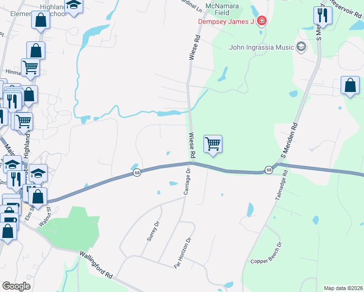 map of restaurants, bars, coffee shops, grocery stores, and more near 39 Wiese Road in Cheshire