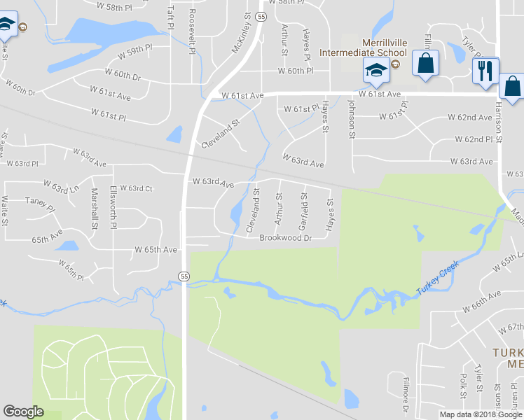 map of restaurants, bars, coffee shops, grocery stores, and more near 6343 Cleveland Street in Merrillville