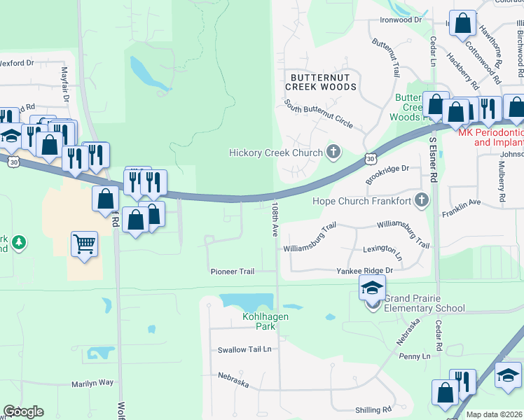 map of restaurants, bars, coffee shops, grocery stores, and more near 10841 West Lincoln Highway in Frankfort