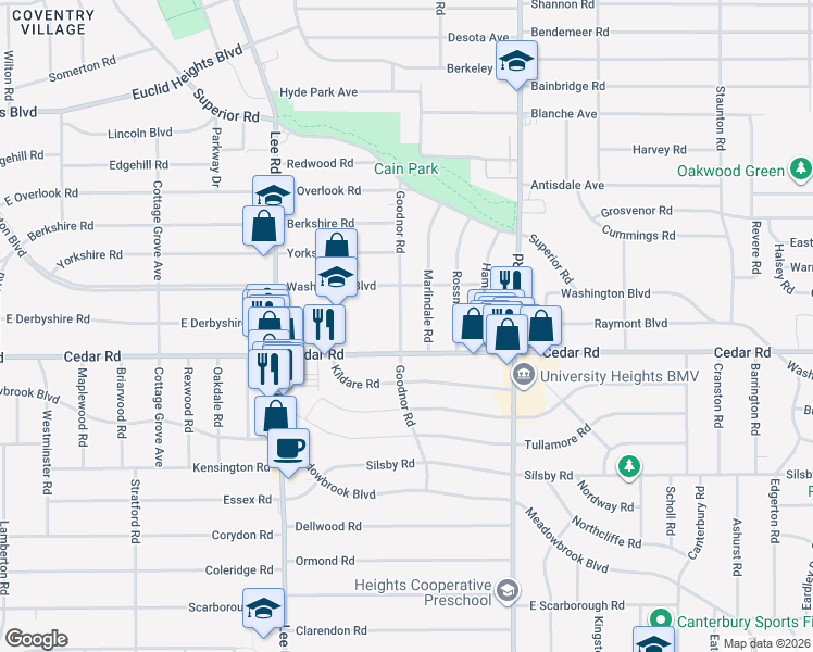 map of restaurants, bars, coffee shops, grocery stores, and more near 2115 Goodnor Road in Cleveland Heights