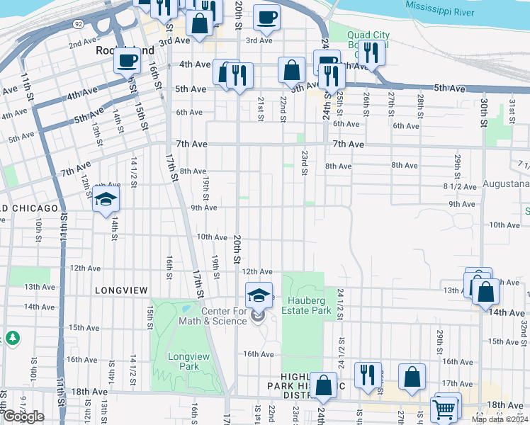 map of restaurants, bars, coffee shops, grocery stores, and more near 905 21st Street in Rock Island