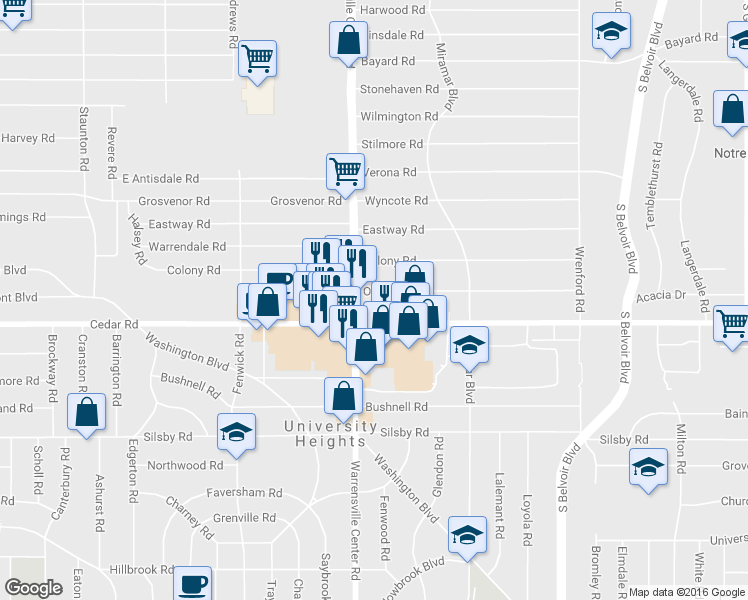 map of restaurants, bars, coffee shops, grocery stores, and more near 4018 Okalona Road in South Euclid