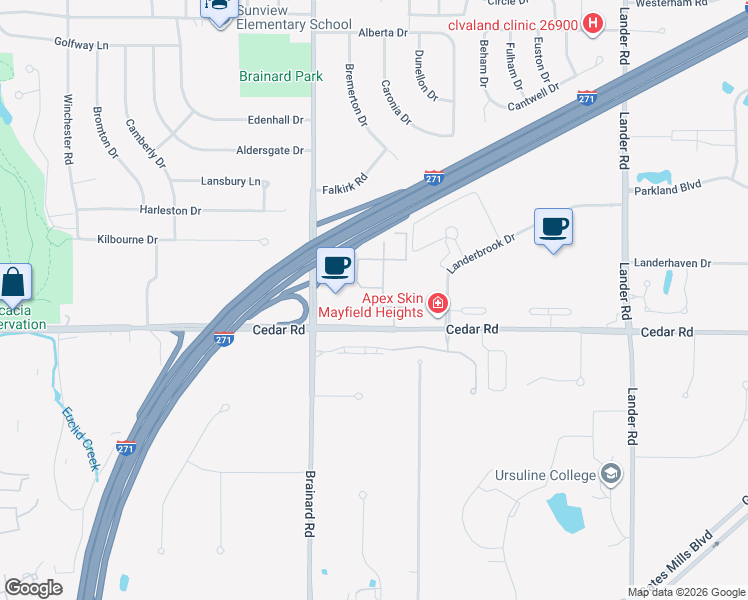 map of restaurants, bars, coffee shops, grocery stores, and more near 2224 Glouchester Drive in Lyndhurst