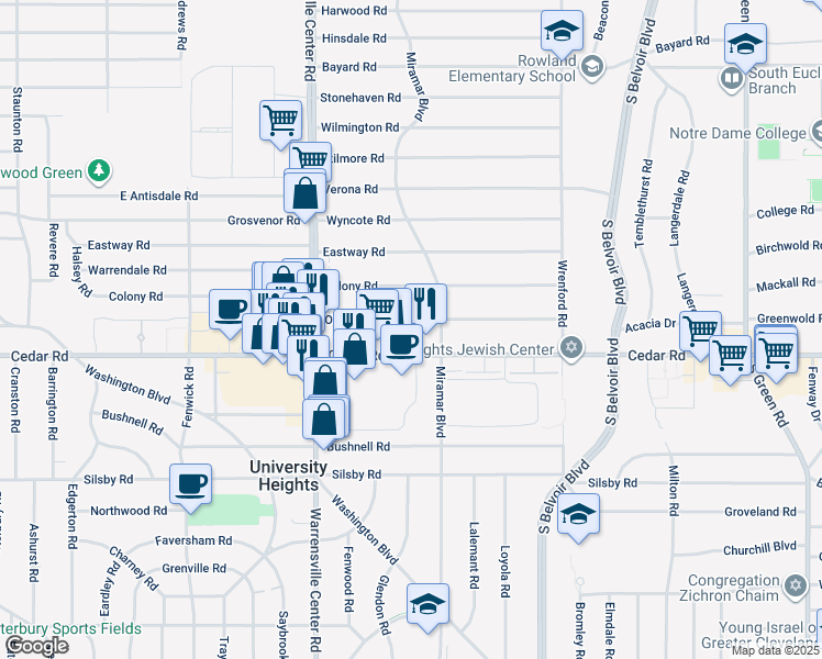 map of restaurants, bars, coffee shops, grocery stores, and more near 4094 Okalona Road in South Euclid