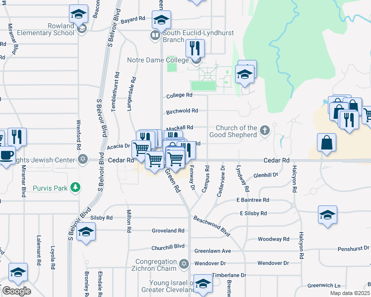 map of restaurants, bars, coffee shops, grocery stores, and more near 4512 Greenwold Road in South Euclid