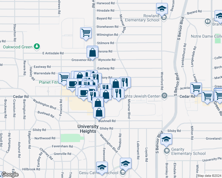 map of restaurants, bars, coffee shops, grocery stores, and more near 4054 Okalona Road in South Euclid