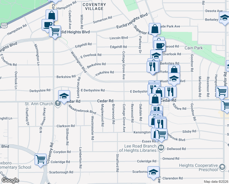 map of restaurants, bars, coffee shops, grocery stores, and more near 3030 E Derbyshire Rd in Cleveland Heights