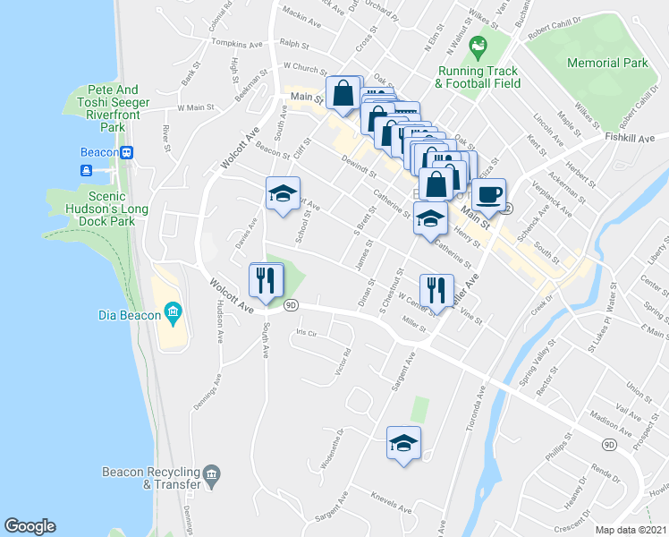 map of restaurants, bars, coffee shops, grocery stores, and more near 15-21 Forrestal Heights in Beacon