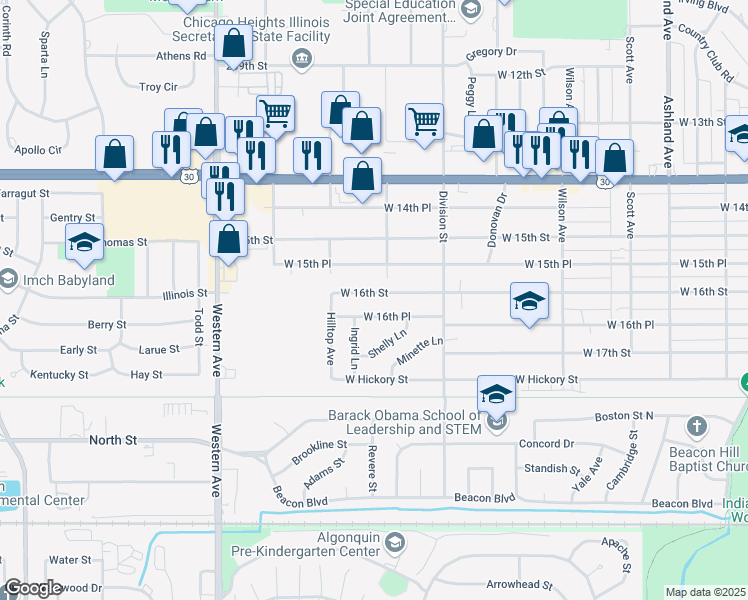 map of restaurants, bars, coffee shops, grocery stores, and more near 584 West 16th Street in Chicago Heights